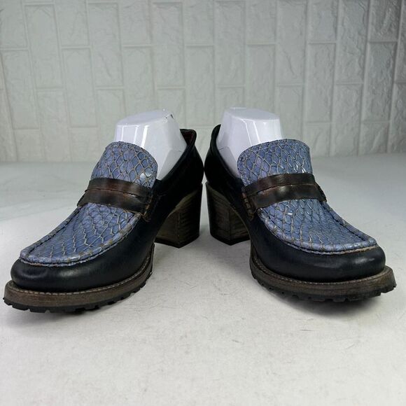 Freebird By Steven Bristol Blue Snake Leather Bootie US 9 High Heel Slip-On Shoe - Picture 5 of 10